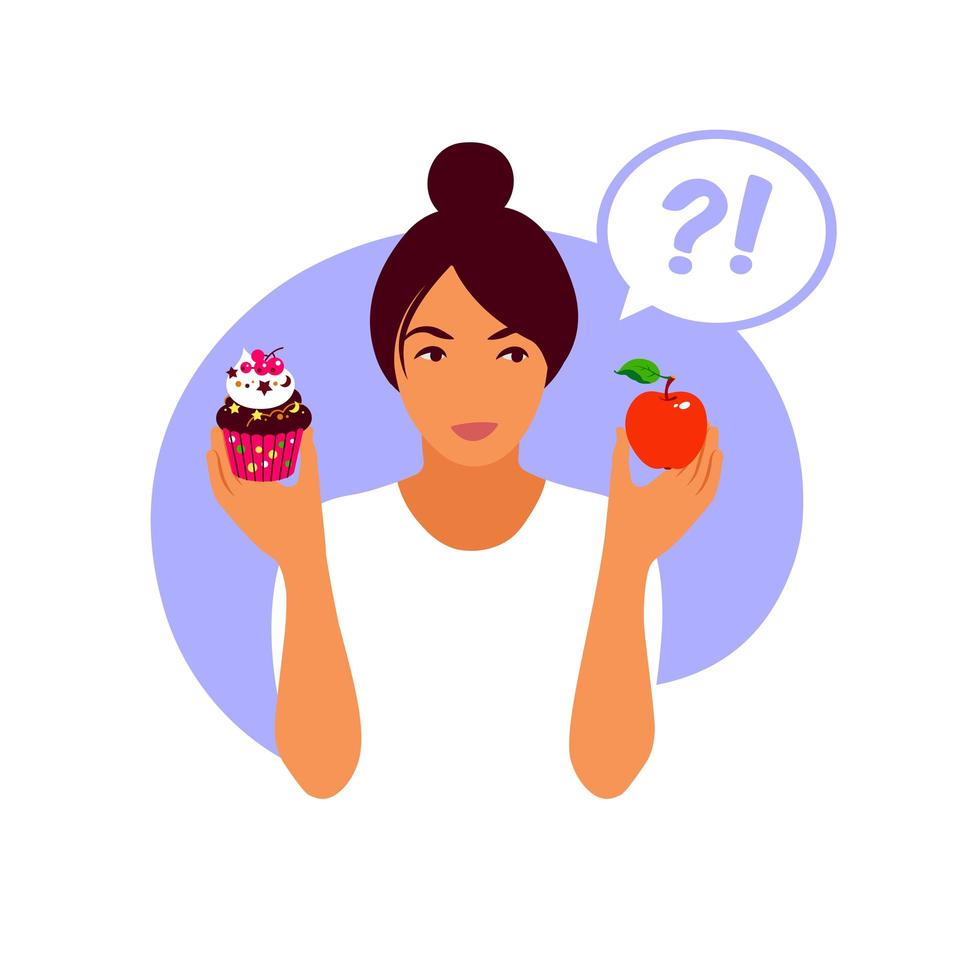 mujer eligiendo entre comida sana y comida no saludable. concepto de estilo de vida y nutrición. ilustración vectorial para la buena vs mala dieta, estilo de vida, conceptos de alimentación. ilustración plana. vector