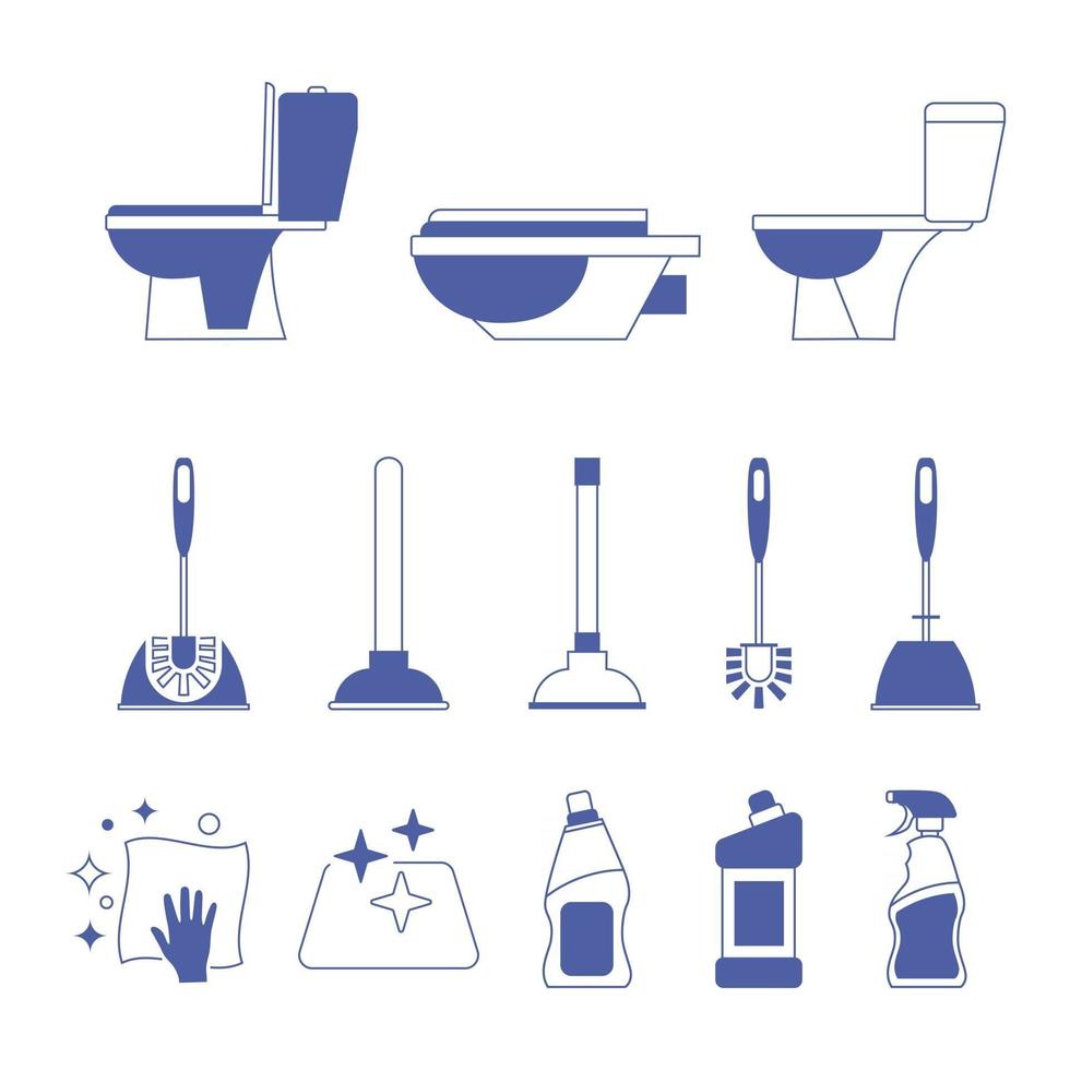 Toilet icon. Restroom. Toilet brush and plunger. Plumbing service. Household chemical bottles. Sanitizing surfaces. Cleaning napkin. Sanitation and hygiene sign. Equipment in cleaning bathroom vector