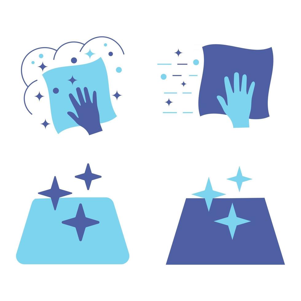 Sanitizing surfaces. Cleaning napkin. Cleaning surface or disinfection surface. Easy disinfection of objects or premises. Blue color icons. Sanitation and hygiene sign. Wet napkin or cloth vector