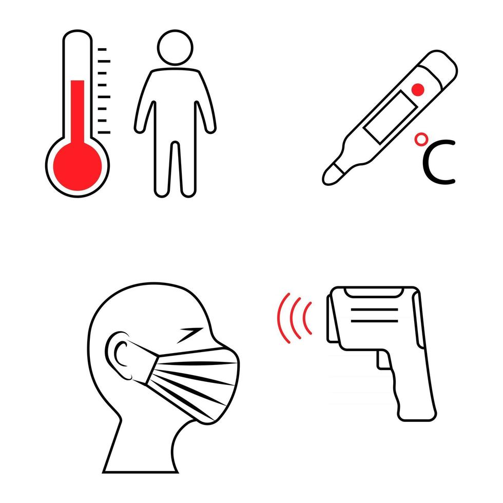 termómetros infrarrojos analógicos, digitales y sin contacto. signo de escaneo de temperatura. Compruebe la temperatura del cuerpo humano, icono de línea delgada. puesto de control o estación para medir la fiebre. vector