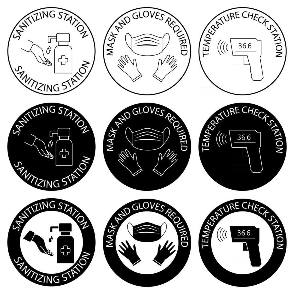 Hand sanitizing and temperature checks station. Mask, gloves and temperature scanning are required. Healthcare infographic elements. Virus prevention icons. Vector