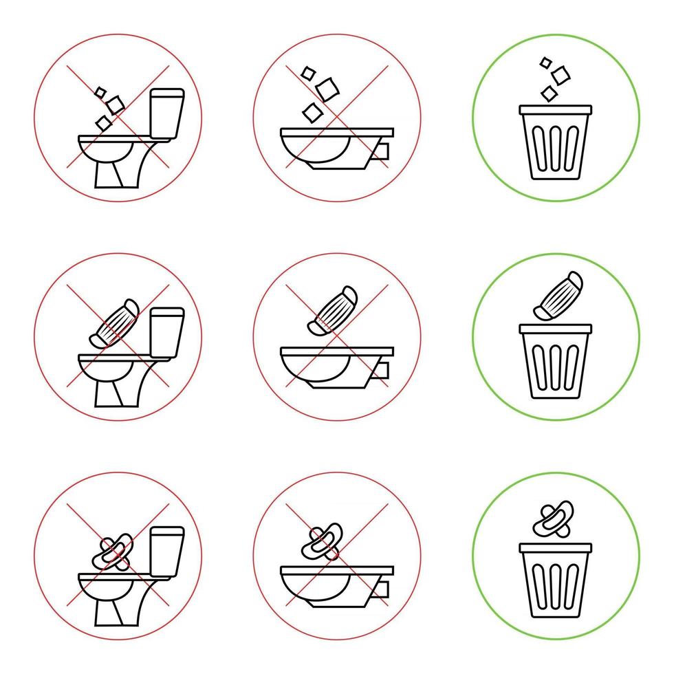 Do not litter in the toilet. Toilet no trash. Keeping the clean. Please do not flush paper towels, sanitary products, medical masks. No littering, warning symbol. Forbidden icon. Vector