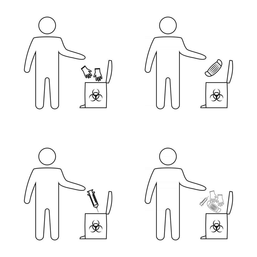 Utilization of medical mask, gloves and surgical. The man throws the medical trash. Biohazard waste disposal. Disposable gloves and mask. Trash can with Biohazard symbol. Thin line. Vector