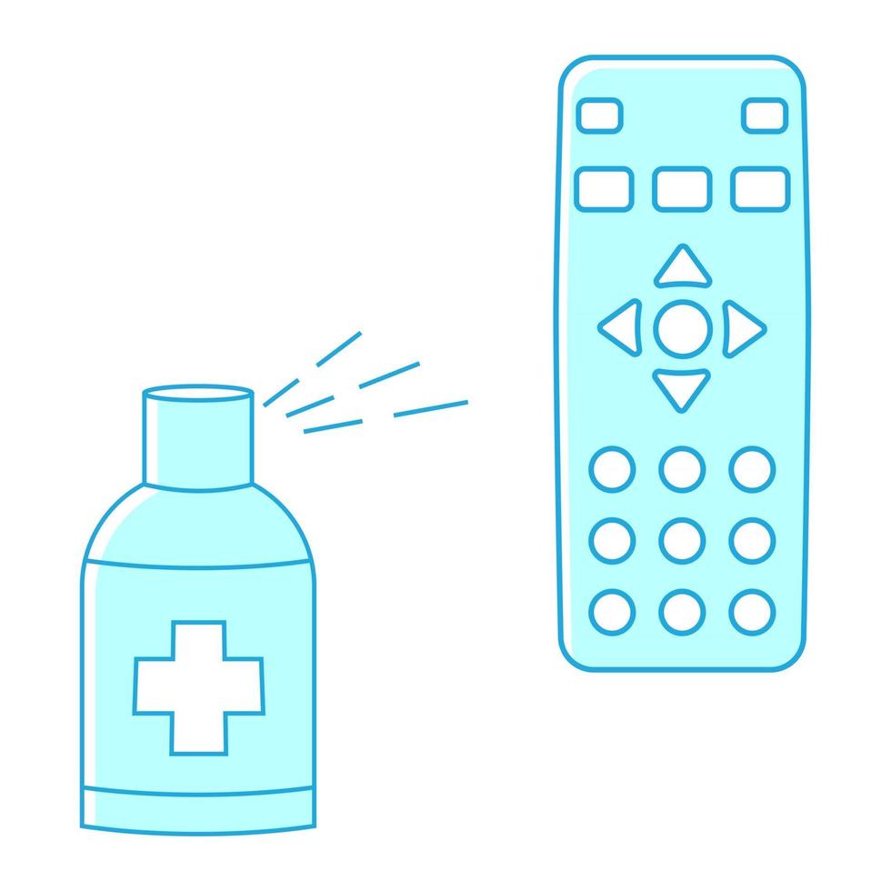 Sanitizing of TV remote. Remote disinfection. Disinfection of TV clicker using medical sanitizer. Sanitizing home items of daily use. Preventing virus spread concept. Antibacterial spray vector