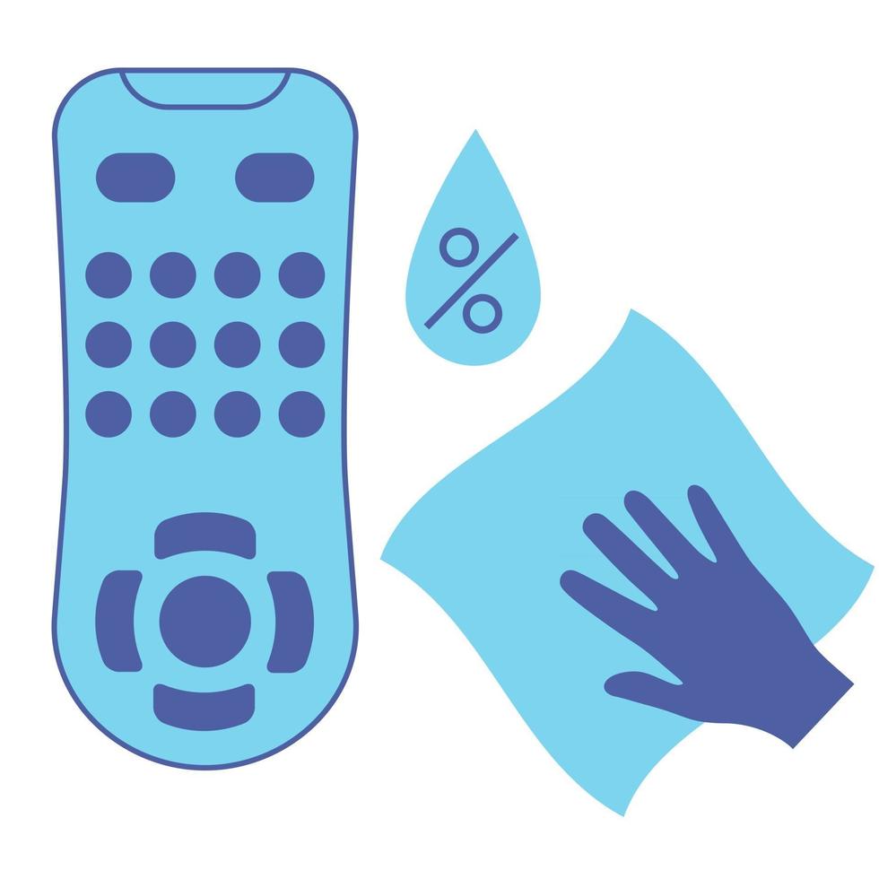 Sanitizing of TV remote. Cleaning remote control, color blue vector icon. Disinfection of TV clicker using antibacterial napkin. Preventing virus spread concept. Antibacterial wipe. Vector