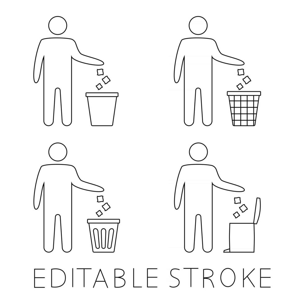 Garbage symbol. Trash icon. Disposable icon. Tidy man symbol, do not litter, icon, keep clean. Man disposes trash into the waste bin. Trash vector icon, reuse symbol. Editable stroke