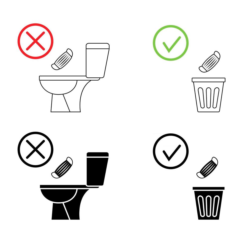 Do not litter in the toilet. Toilet no trash. Keeping the clean. Please do not flush mask, sanitary products, icons. Prohibition icons. No littering, warning symbol. Forbidden icon vector