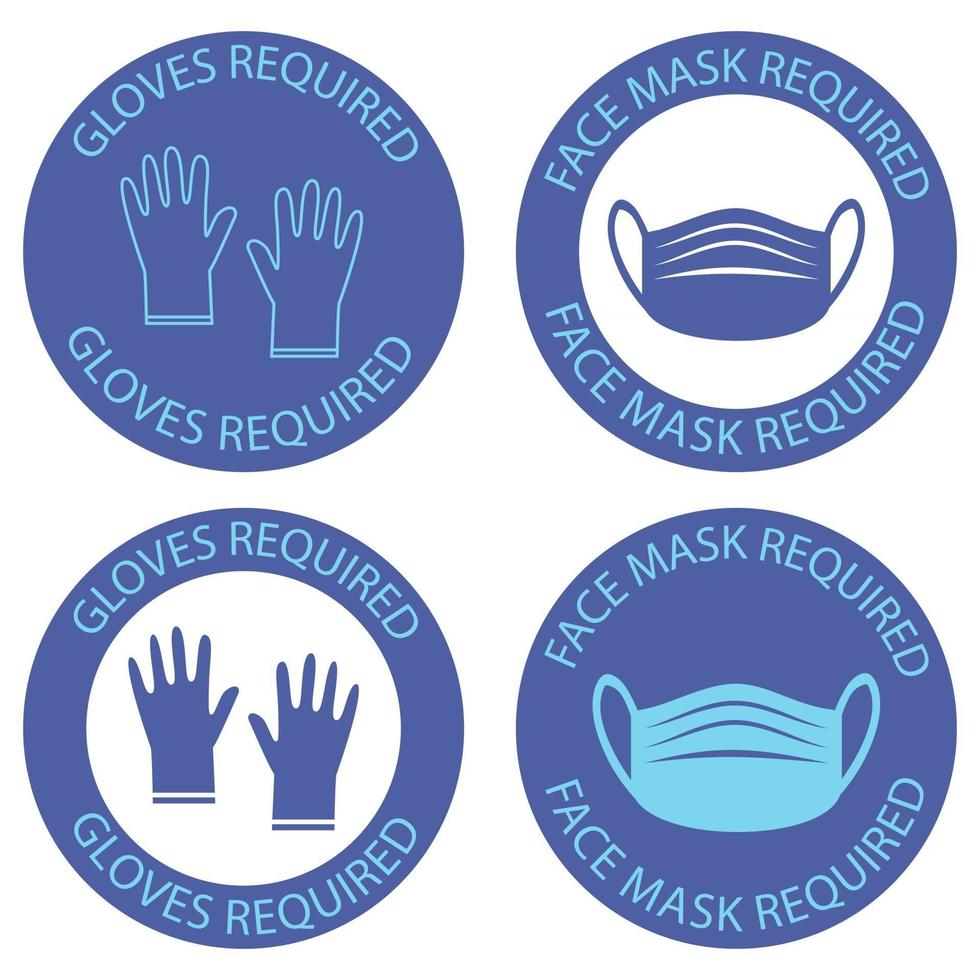 Safety gloves are required. Mask and gloves are required, warning prevention sign. Virus prevention icons. Preventing virus spread concept. Vector illustration isolated