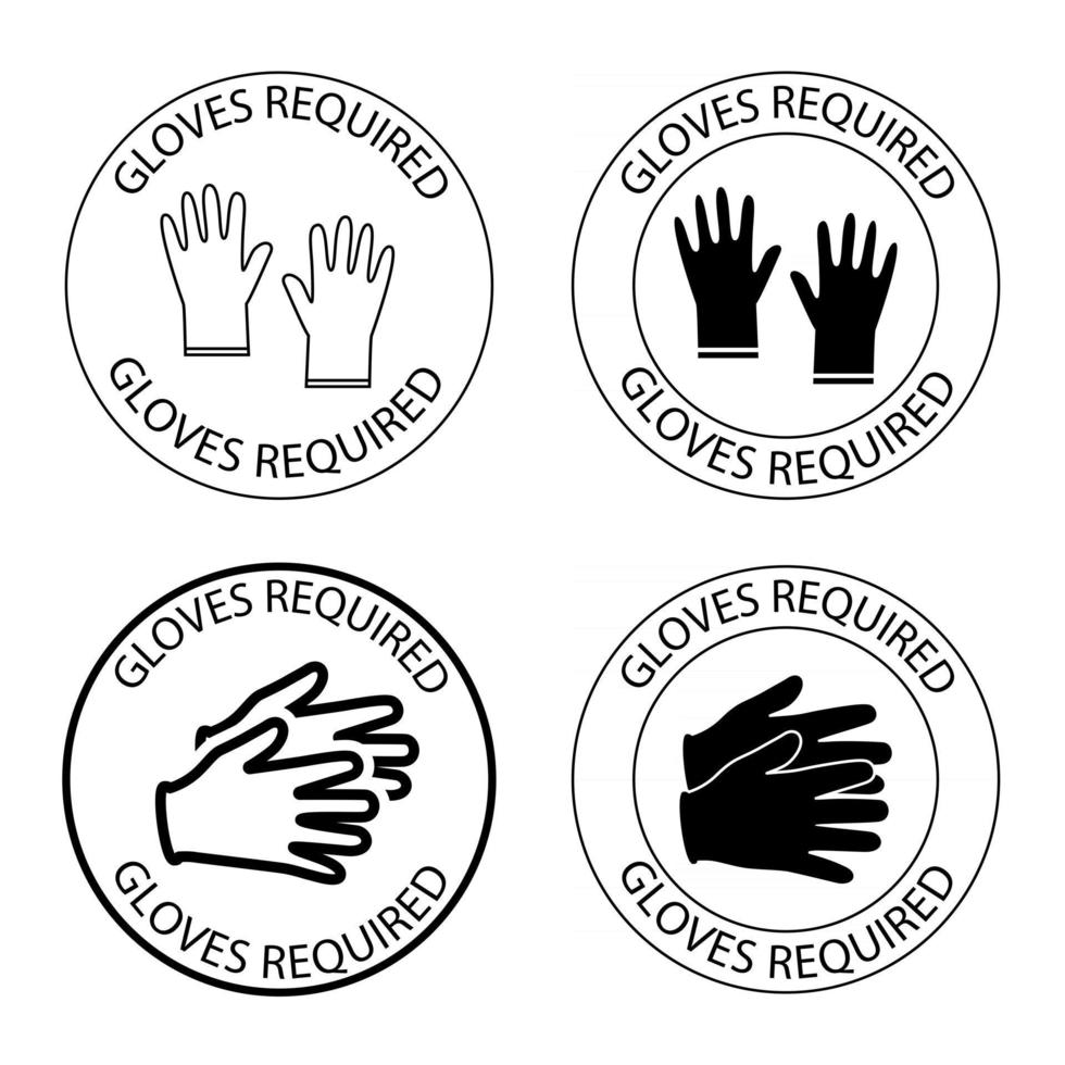 Safety gloves are required. Round symbol with lettering gloves required inside. Virus prevention icons. Outline flat vector icons. Preventing virus spread concept. Vector illustration isolated