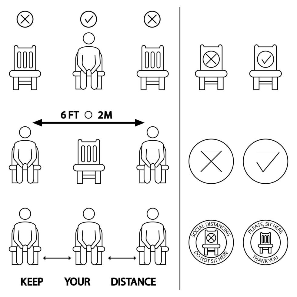 Mantén tu distancia. no te sientes aquí. icono prohibido para asiento. Distancia social de 6 pies o 2 metros para asiento de silla. regla de bloqueo. mantenga la distancia cuando esté sentado. hombre en la silla vector