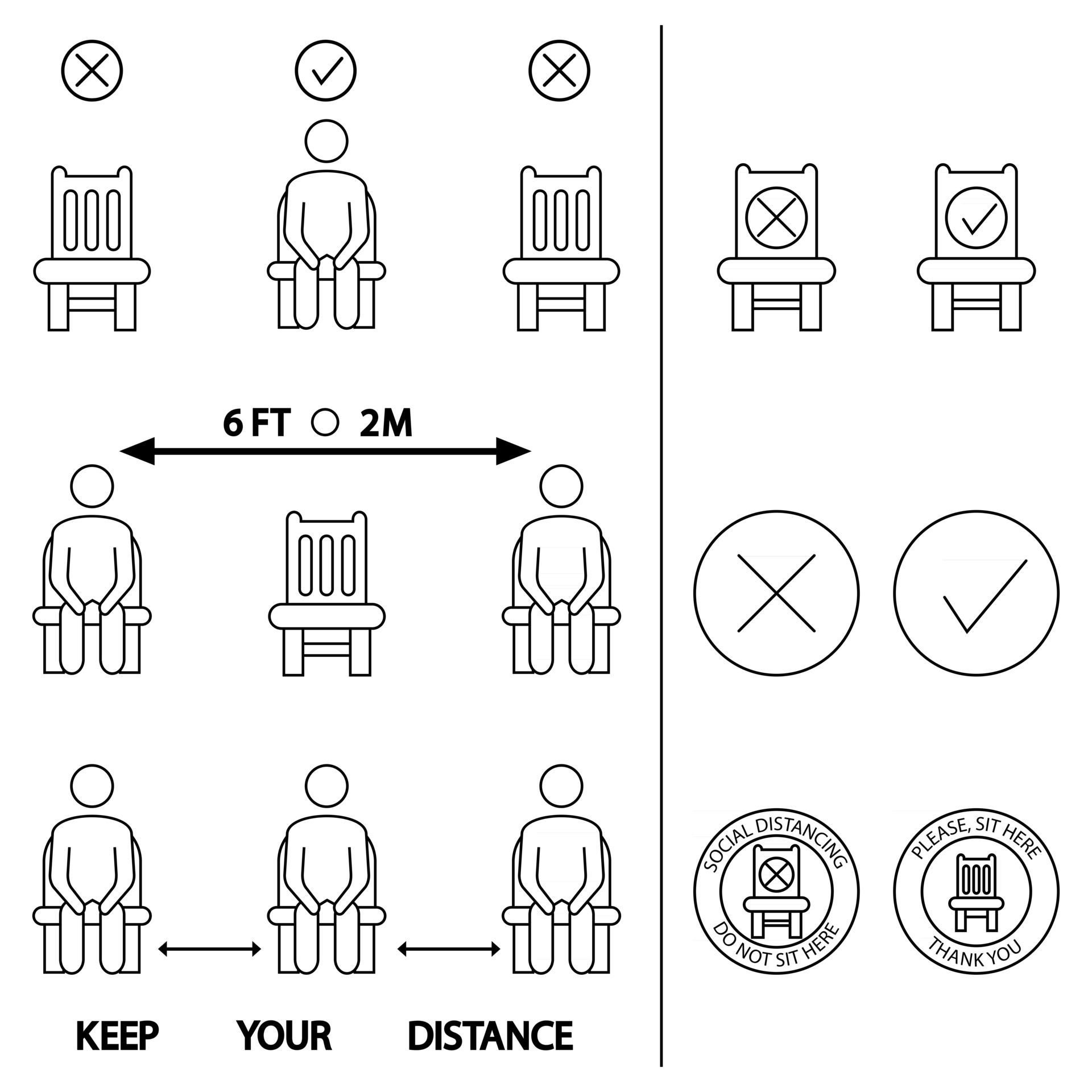 Keep your distance. Do not sit here. Forbidden icon for seat. 6 Feet or