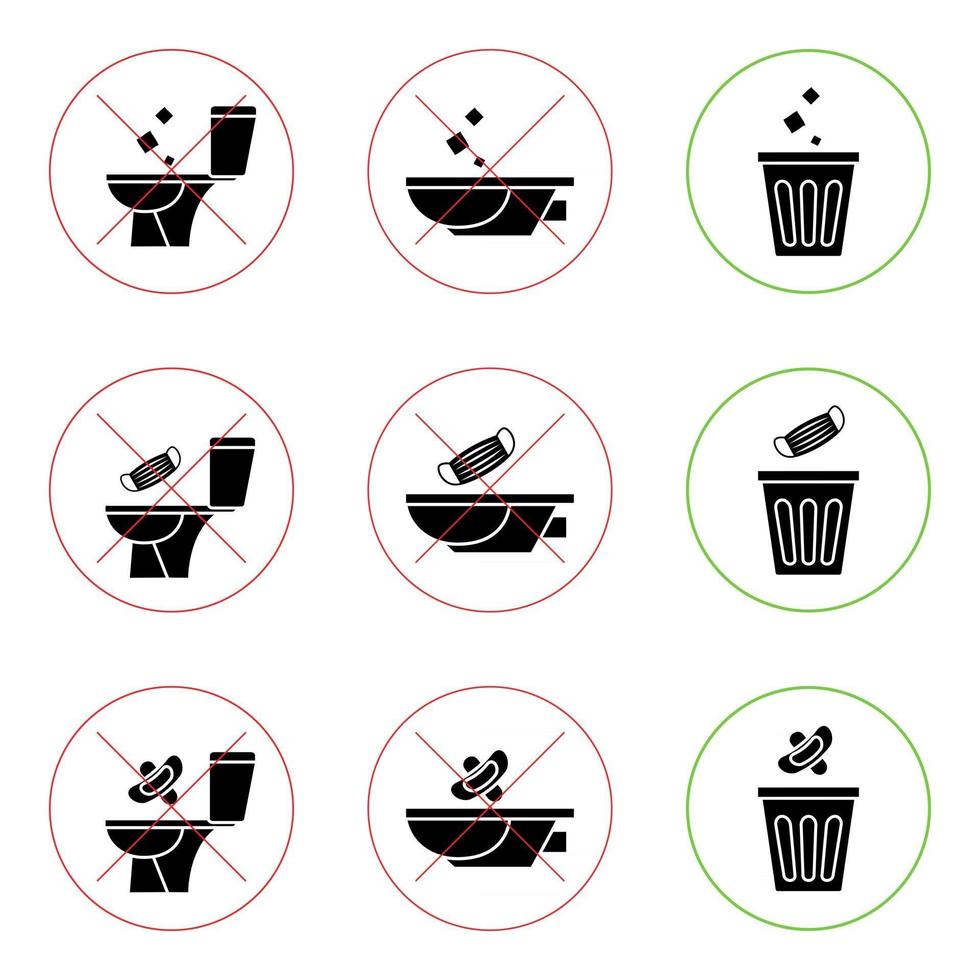 Do not litter in the toilet. Toilet no trash. Keeping the clean. Please do not flush paper towels, sanitary products, medical masks. Prohibition icons. No littering, warning symbol vector