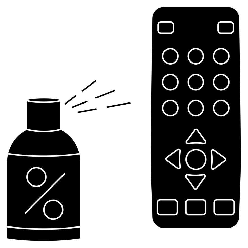 Sanitizing of TV remote. Remote disinfection. Disinfection of TV clicker using alcoholic spray. Sanitizing home items of daily use. Preventing virus spread concept. Isolated vector