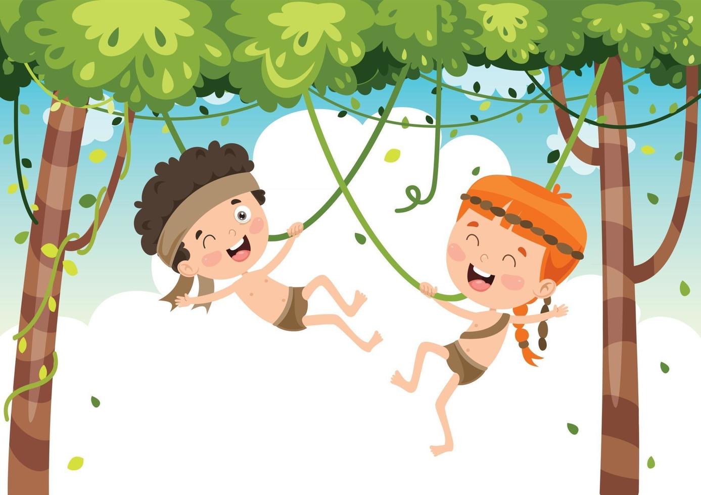 Happy Kids Swinging With Root Rope In Jungle vector