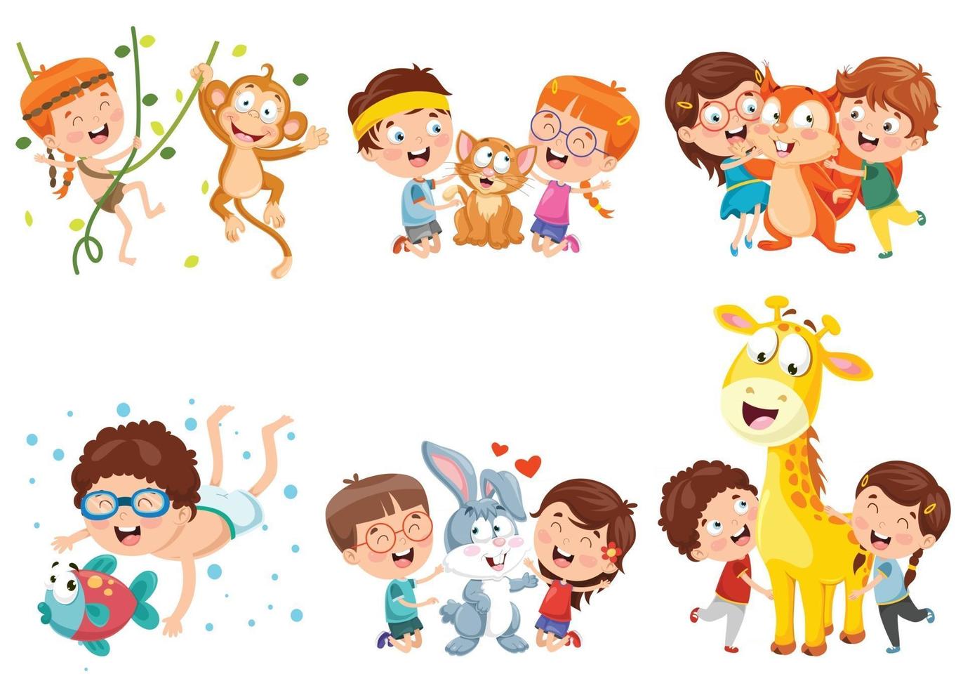 niños y animales de dibujos animados vector