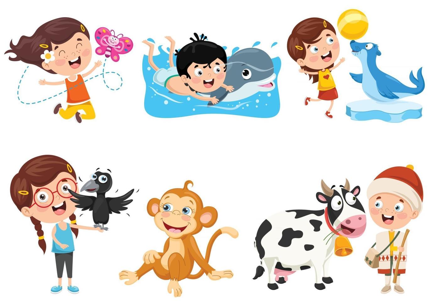 Children And Cartoon Animals vector