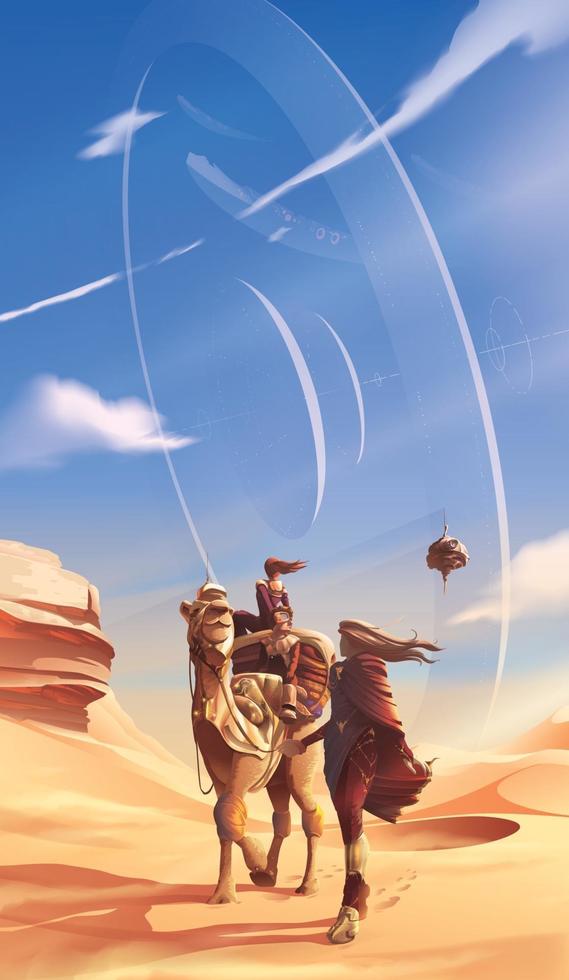 a family is traveling in a desert for their pilgrimage with a view on the background of a futuristic massive structure in the orbit. vector