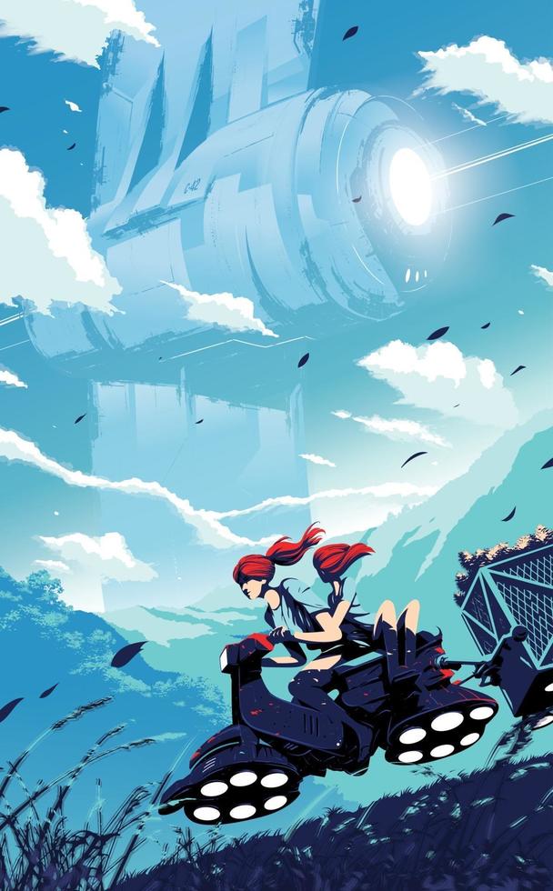 2 children are riding a hover scooter carrying their crops on the trailer back to home with the background of a futuristic massive structure in the sky. vector
