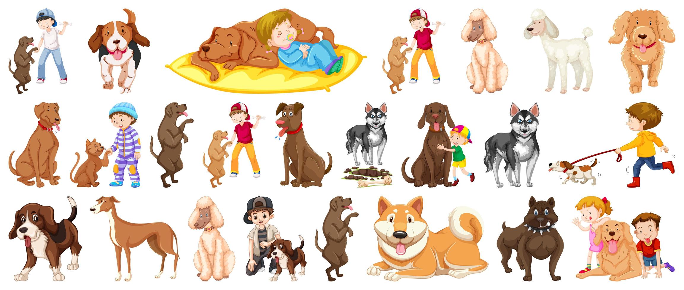 conjunto de perros como mascotas de la familia. vector