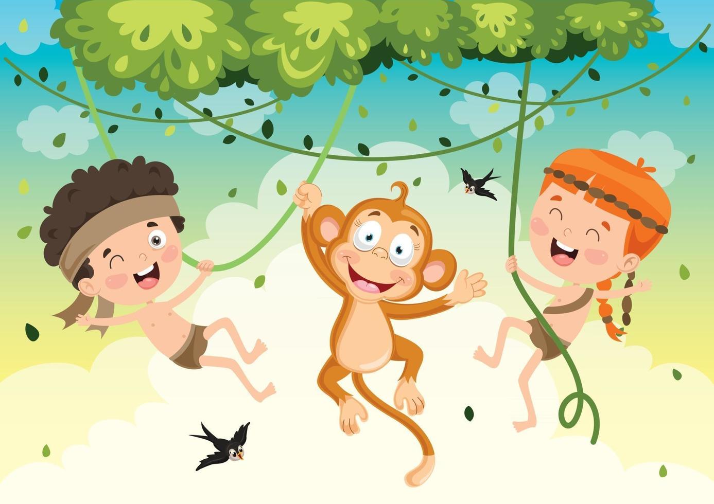 Children Playing With Monkey vector