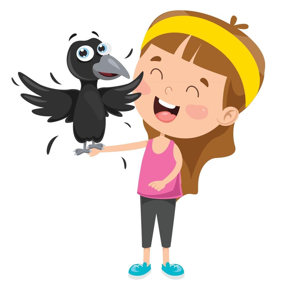 Little Kid Playing With Crow vector