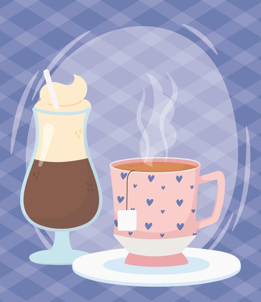 la hora del café, tazas de café con leche y bolsita de té bebida fresca vector