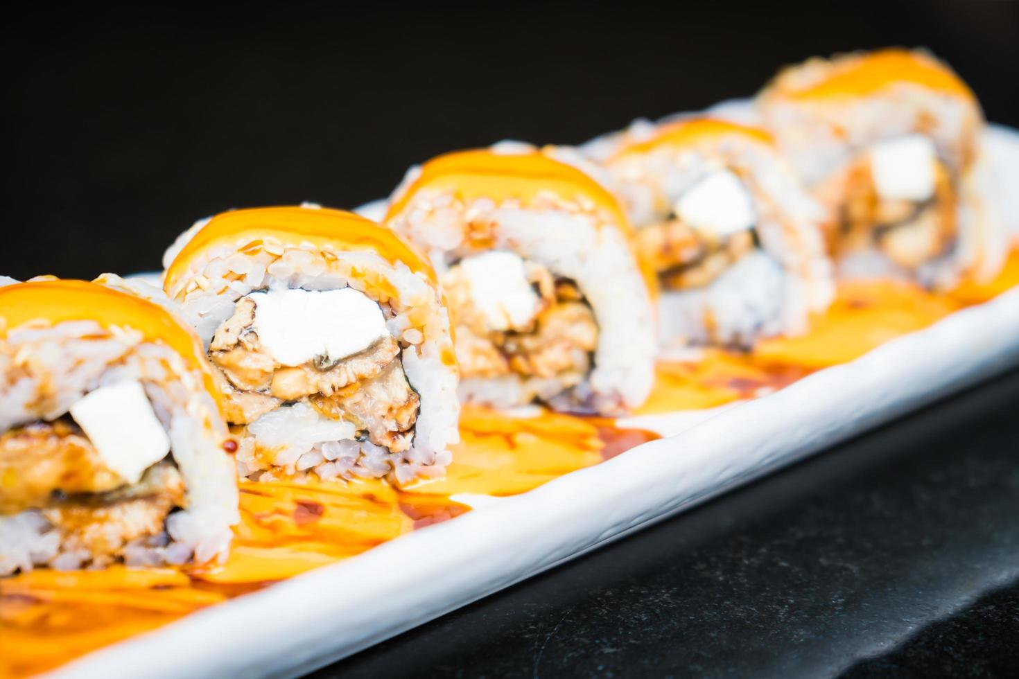 Eel sushi roll maki with cheese photo