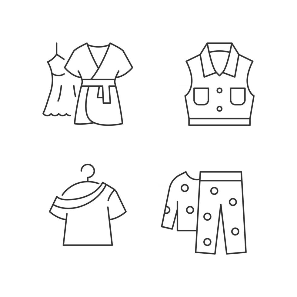 Clothes for sleeping linear icons set. Gown with robe. Denim jacket. One shoulder top. Fleece pajamas. Customizable thin line contour symbols. Isolated vector outline illustrations. Editable stroke