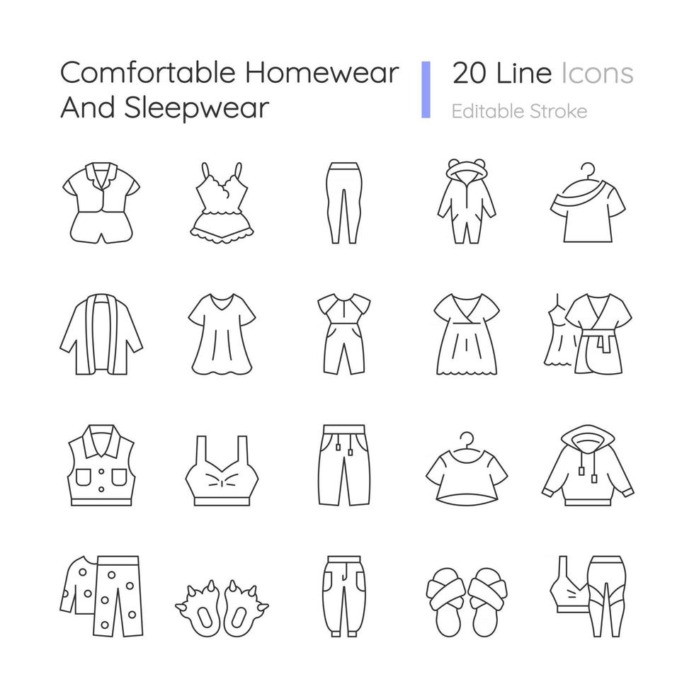 Comfortable homewear and sleepwear linear icons set. Female nightwear. Male sportswear. Funny slippers. Customizable thin line contour symbols. Isolated vector outline illustrations. Editable stroke