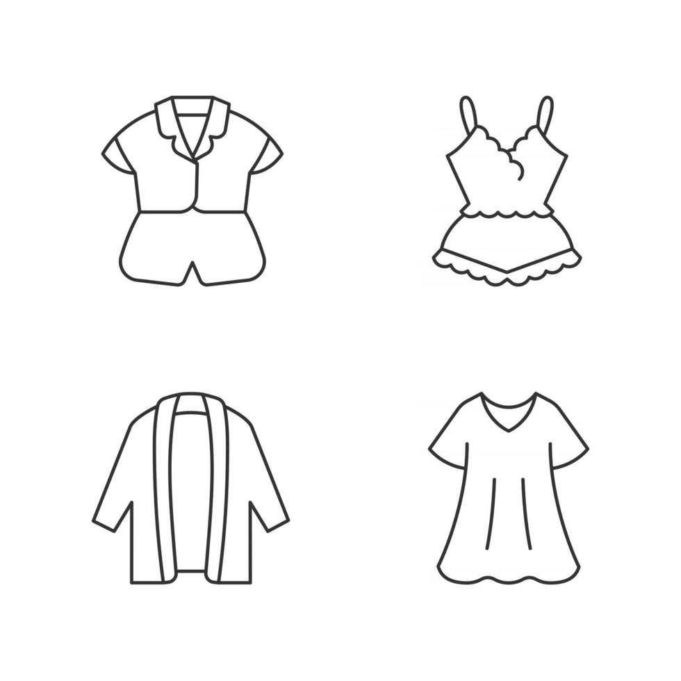 Homewear linear icons set. Silk top and shorts. Lace pyjamas. Long cardigan. Comfortable sleepwear. Customizable thin line contour symbols. Isolated vector outline illustrations. Editable stroke