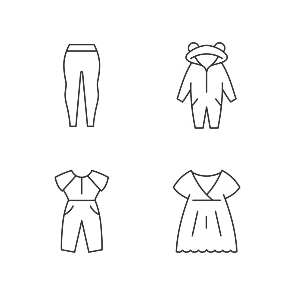 Sleepwear linear icons set. Leggings for women. Kigurumi for children. Jumpsuit and oversized dress. Customizable thin line contour symbols. Isolated vector outline illustrations. Editable stroke