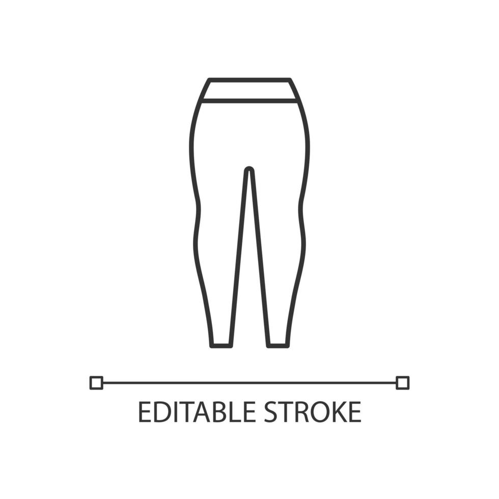 Leggings linear icon. Female trendy sweatpants. Tight pants for ladies. Stylish sportswear. Thin line customizable illustration. Contour symbol. Vector isolated outline drawing. Editable stroke