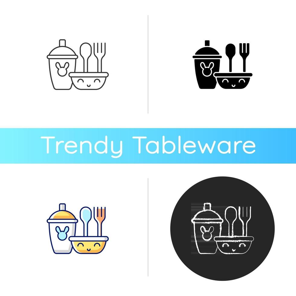 Kids dinnerware icon. Plates created for children to eat comfortably. Learning how to eat. Rubbered plastic forks and spoons. Linear black and RGB color styles. Isolated vector illustrations