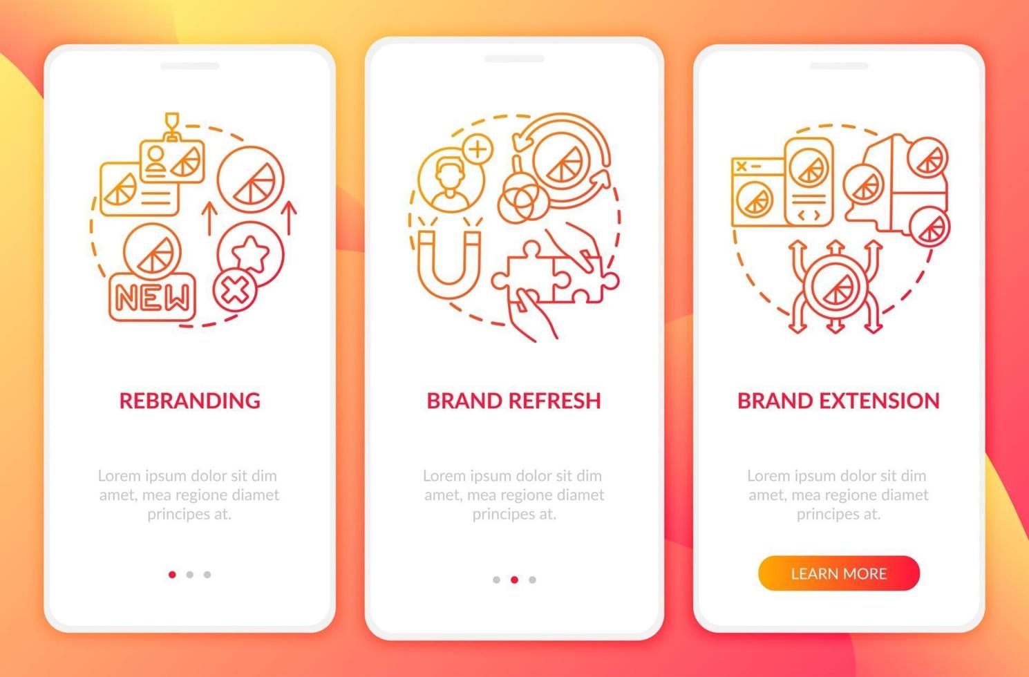 Brand identity change onboarding mobile app page screen with concepts. Rebranding, brand refresh walkthrough 3 steps graphic instructions. UI, UX, GUI vector template with linear color illustrations