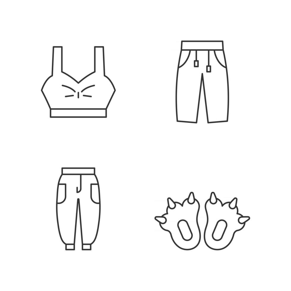 Comfortable clothes for home linear icons set. Bra top. Sweatpants for women and men. Comfy joggers. Customizable thin line contour symbols. Isolated vector outline illustrations. Editable stroke