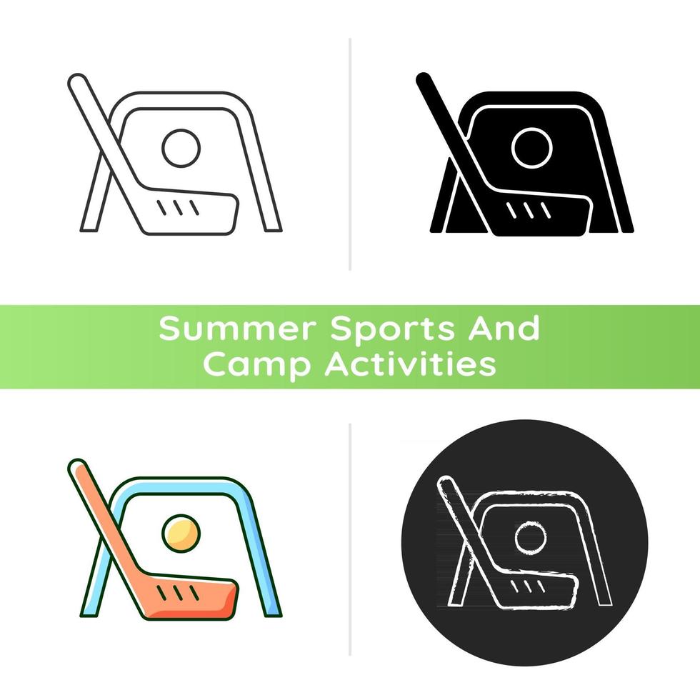 Floor hockey icon. Street hockey. Indoor, outdoor game. Shooting puck into opposing team net. Playing on non-ice surface. Linear black and RGB color styles. Isolated vector illustrations