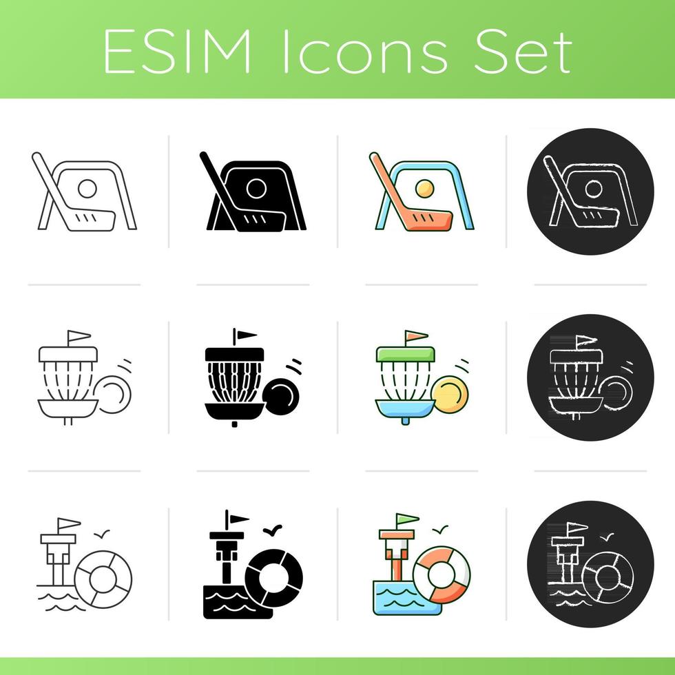 Summer camp activities icons set. Street hockey. Frisbee golf. Lifeguarding training. Indoor, outdoor game. First aid. Disc golf. Linear, black and RGB color styles. Isolated vector illustrations