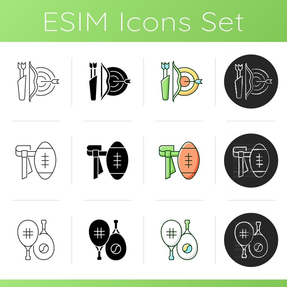 Summer camp activities icons set. Using bow to shoot arrows. Tennis. Flag football. Racket sport. Recreational activity. Linear, black and RGB color styles. Isolated vector illustrations