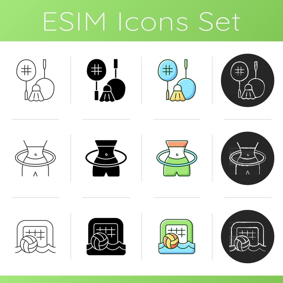 Summer camp activities icons set. Badminton. Hula Hoop workout. Beach soccer. Hitting shuttlecock. Burning calories. Kicking ball. Linear, black and RGB color styles. Isolated vector illustrations
