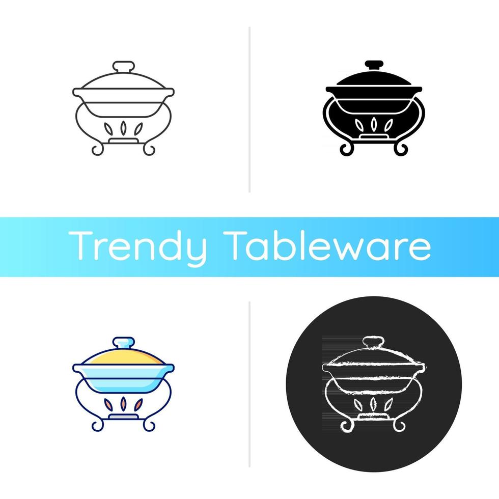 Warming tray icon. Chafing dish for storing foods. Container which keeps meals warm. Everyday kitchenware equipment. Linear black and RGB color styles. Isolated vector illustrations