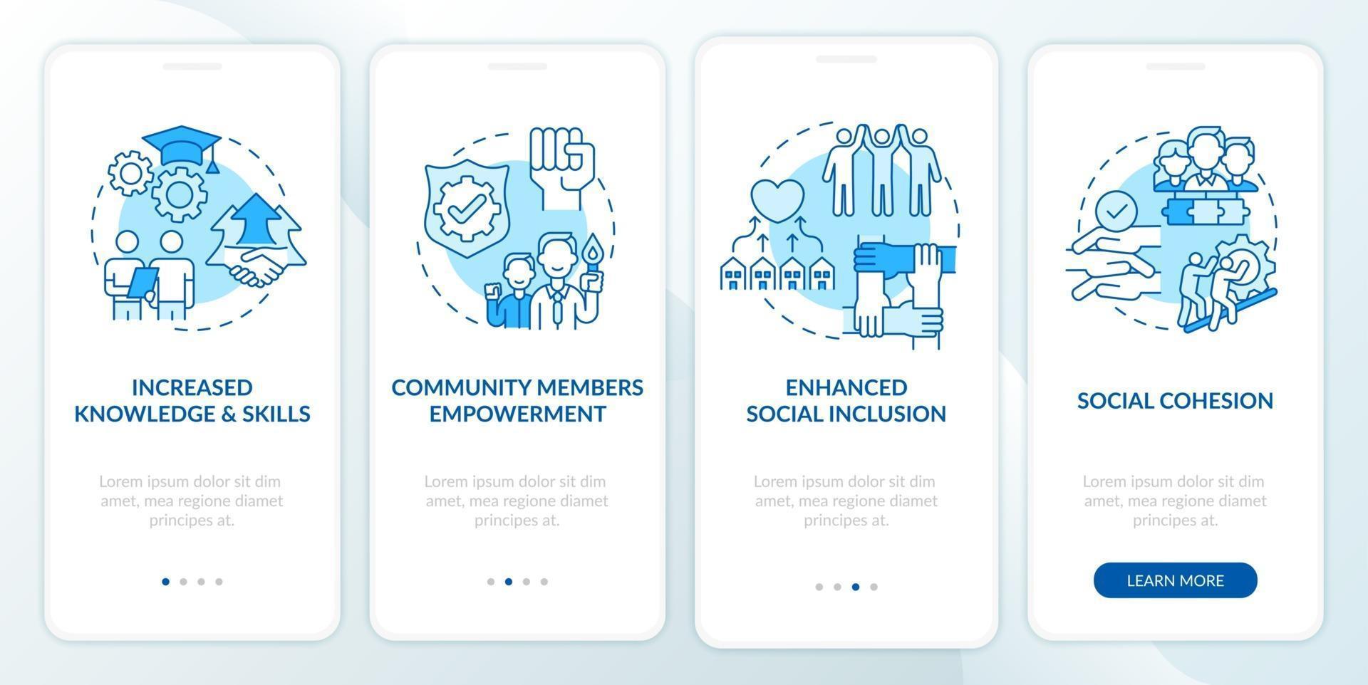 Society development benefits onboarding mobile app page screen with concepts. Increased knowledge walkthrough 4 steps graphic instructions. UI, UX, GUI vector template with linear color illustrations