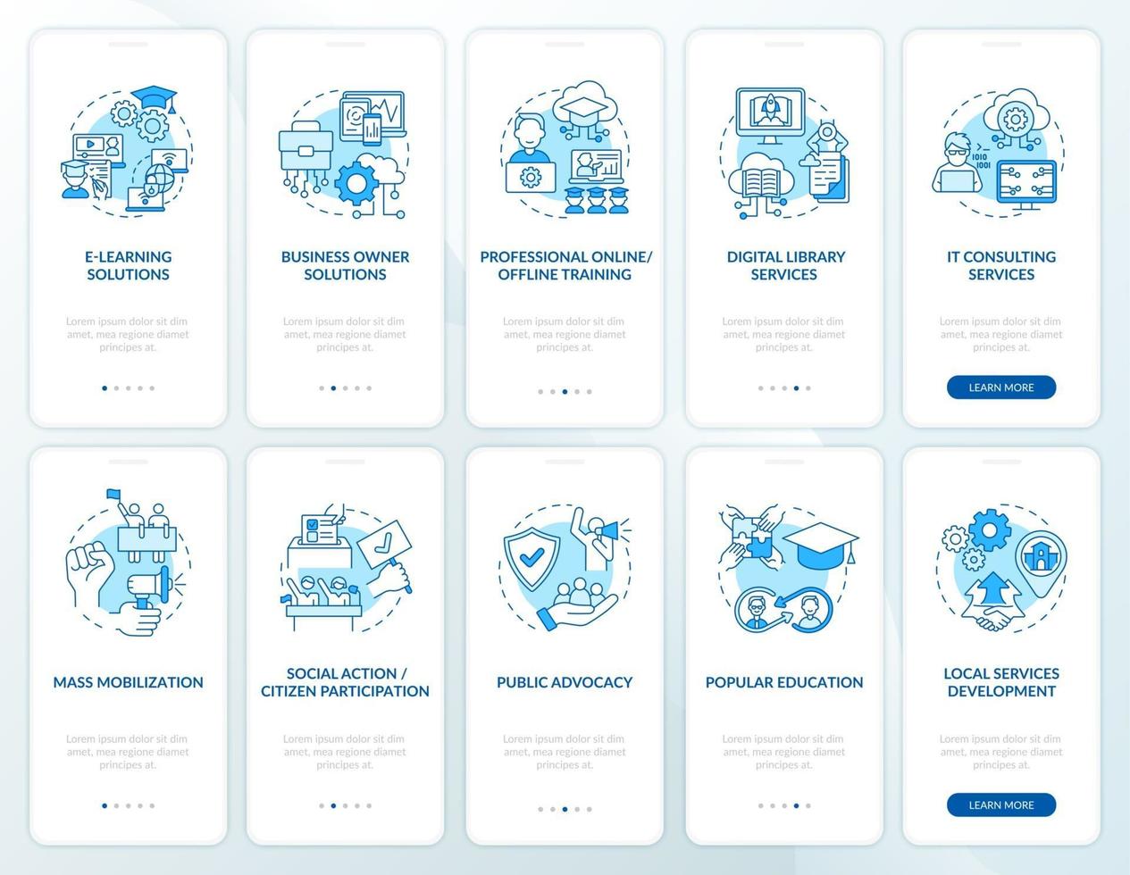 la evolución de la sociedad incorporando la pantalla de la página de la aplicación móvil con conceptos establecidos. Tutorial de cambio social Instrucciones gráficas de 5 pasos. ui, ux, plantilla de vector de interfaz gráfica de usuario con ilustraciones en color lineal