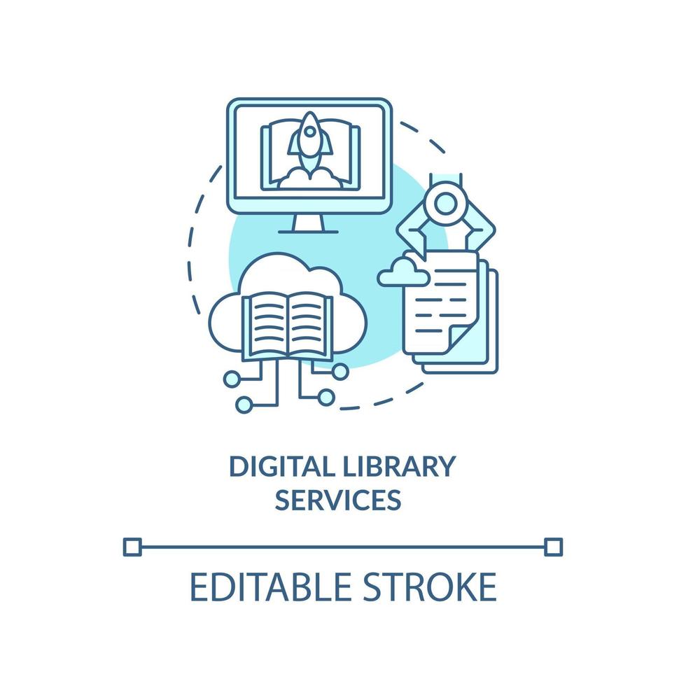 Digital library services concept icon. Community development abstract idea thin line illustration. Virtual library. Downloading e-books. Vector isolated outline color drawing. Editable stroke