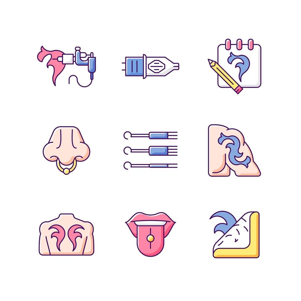 Tattoo and piercing instruments RGB color icons set. Isolated vector illustrations. Creating unique works on human body. Injecting jewellery. Professional tool simple filled line drawings collection