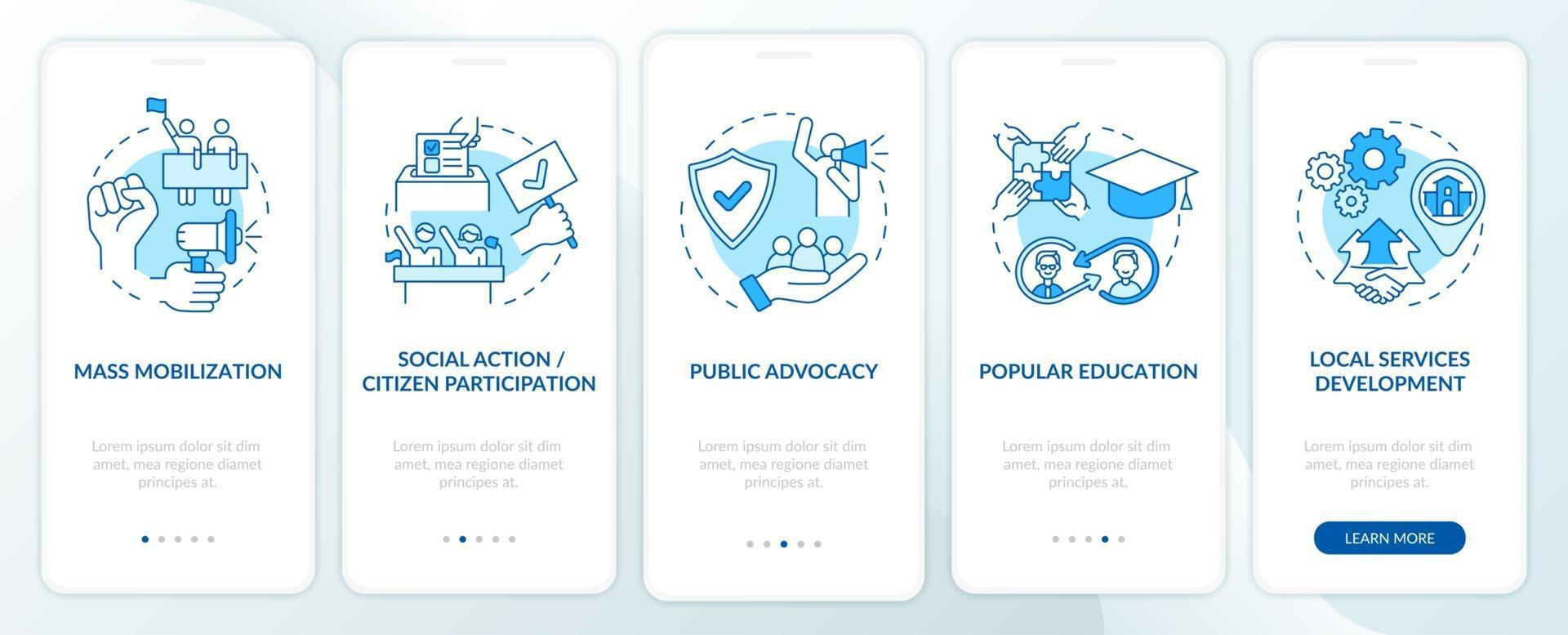 Society change strategies onboarding mobile app page screen with concepts. Popular education walkthrough 5 steps graphic instructions. UI, UX, GUI vector template with linear color illustrations