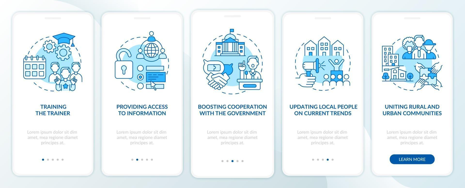 desarrollo de la sociedad incorporando la pantalla de la página de la aplicación móvil con conceptos. cooperación con el gobierno tutorial instrucciones gráficas de 5 pasos. ui, ux, plantilla de vector de interfaz gráfica de usuario con ilustraciones en color lineal