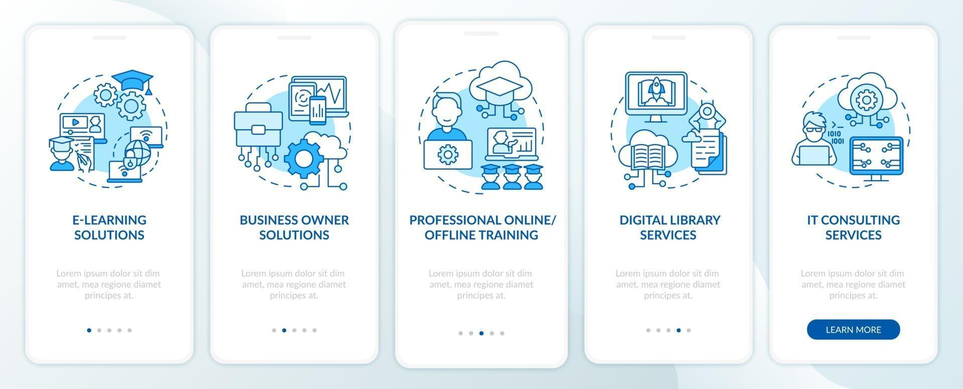 Society development projects onboarding mobile app page screen with concepts. E-learning solutions walkthrough 5 steps graphic instructions. UI, UX, GUI vector template with linear color illustrations