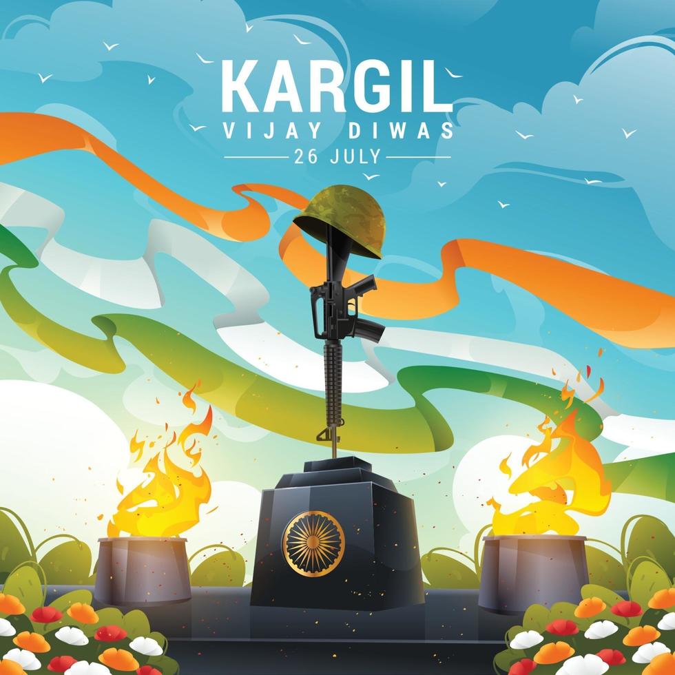 kargil vijay diwas, soldado, casco, y, rifle, monumento vector