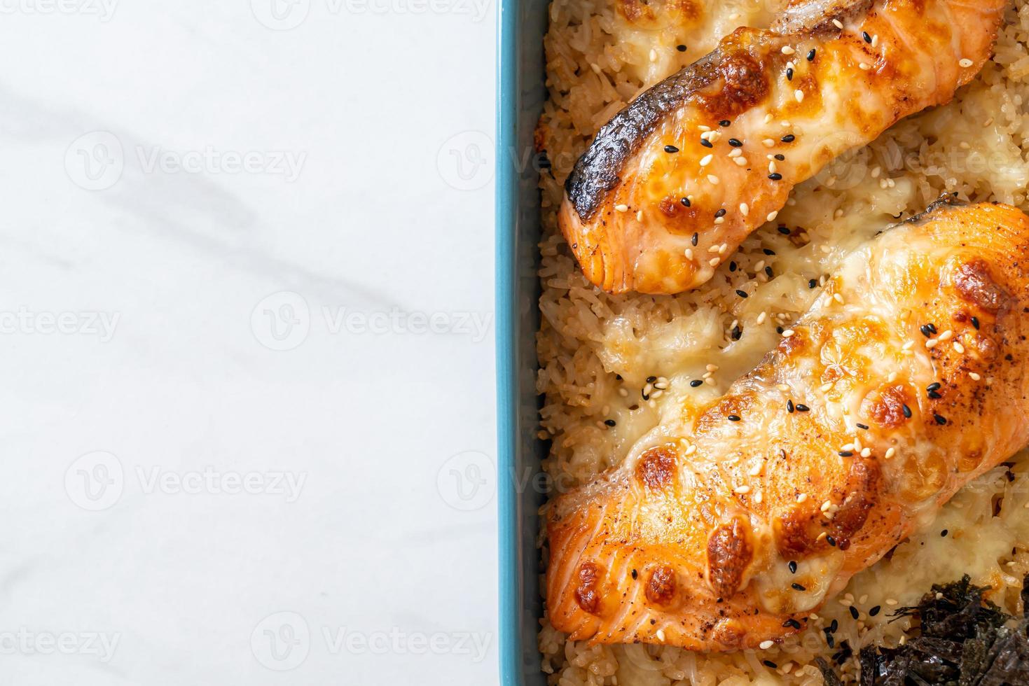 Baked salmon with cheese and spicy miso rice bowl photo