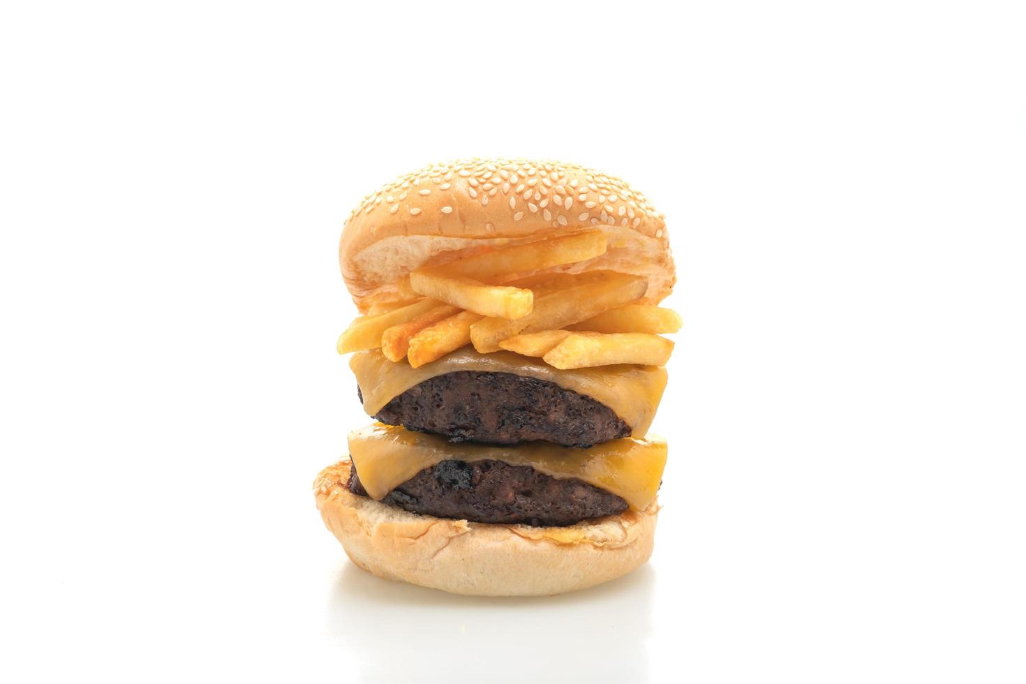 Hamburger or beef burgers with cheese and french fries - unhealthy food style photo